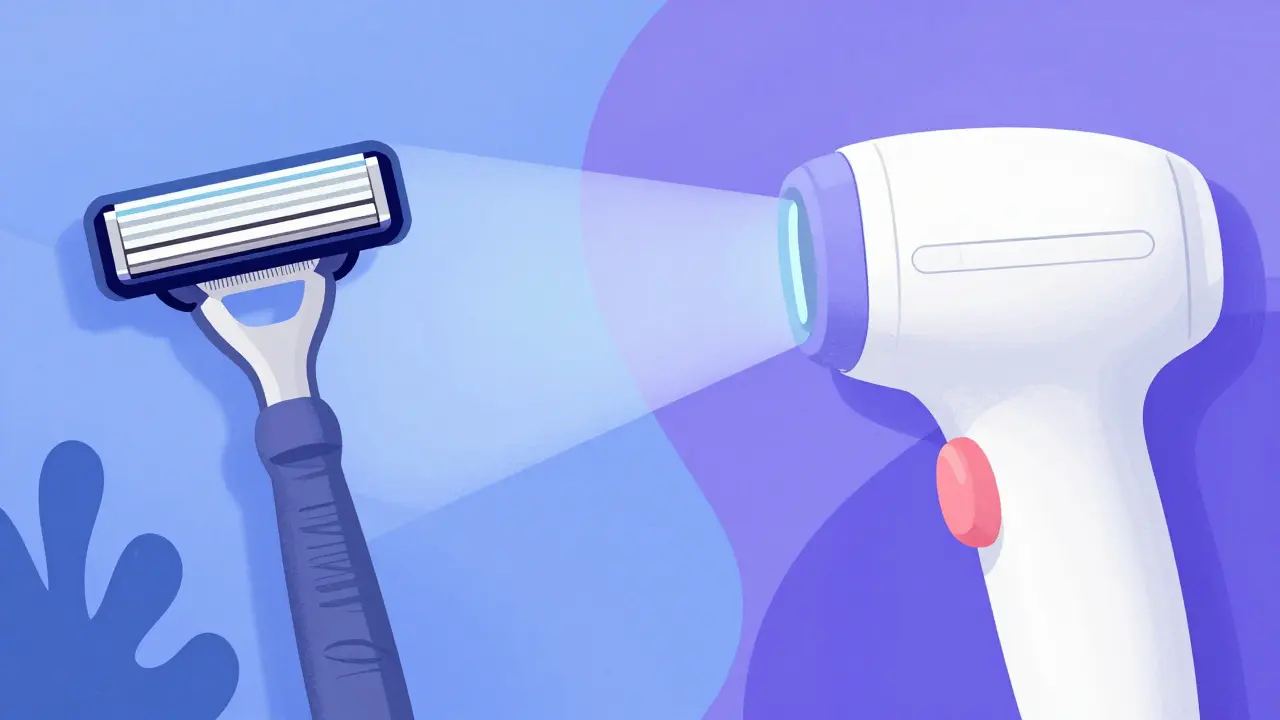 Abstraktní ilustrace porovnávající drsné holení a šetrnou laserovou epilaci