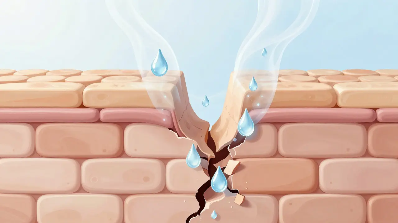 Ilustrace poškozené kožní bariéry a úniku vlhkosti