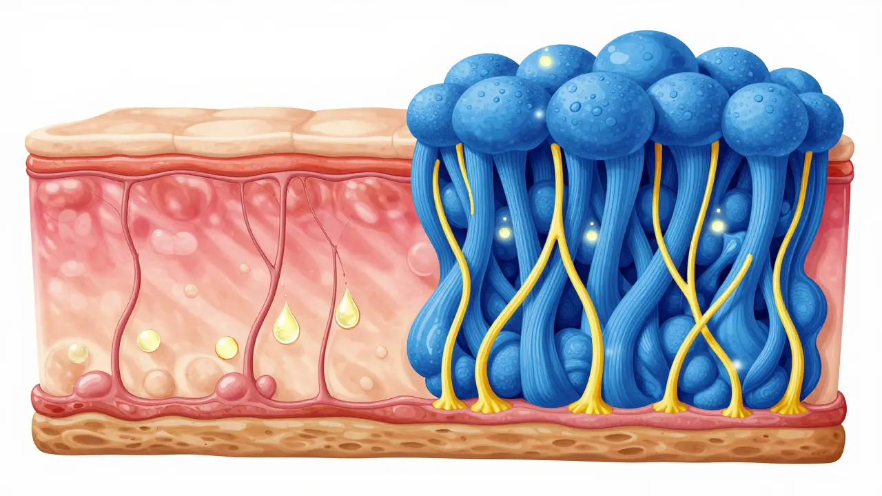 Ilustrace vrstev kůže s kolagenem a elastinem