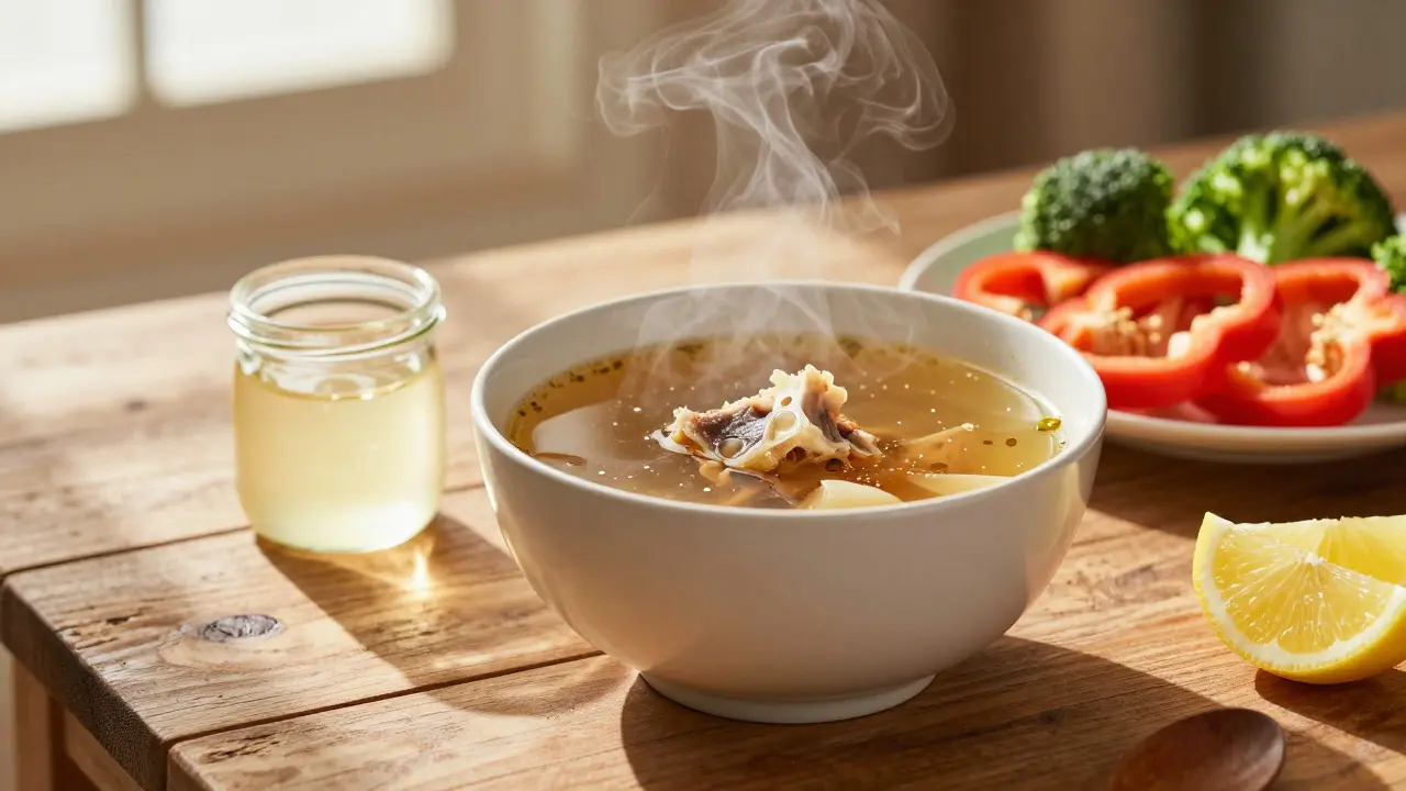Miska vývaru z kostí s čerstvou zeleninou bohatou na vitamín C