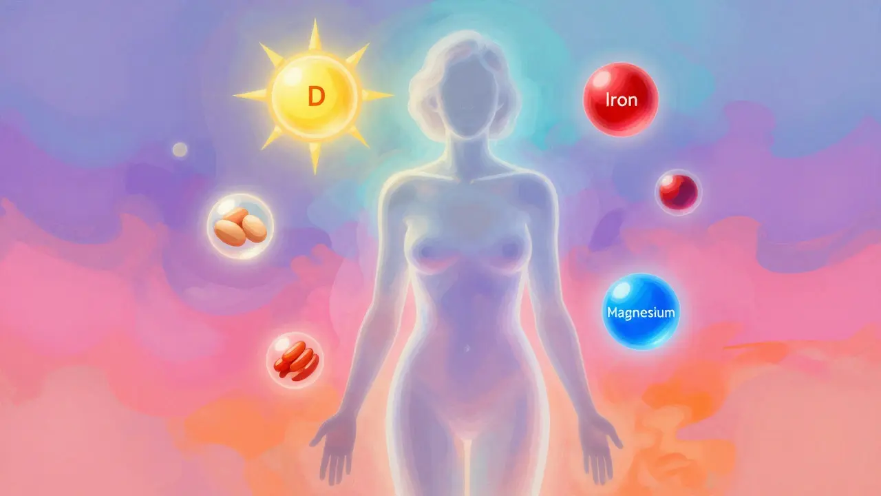 Abstraktní ilustrace ženy obklopené zářícími kuličkami představujícími vitamíny a minerály