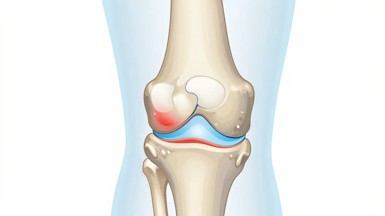 Anatomický výřez kloubu ukazující opotřebovanou chrupavku