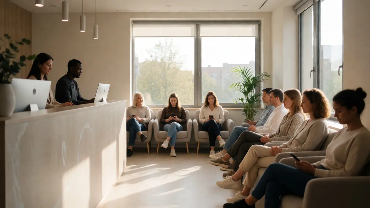 Čekárna moderní soukromé dermatologické kliniky s pacienty.