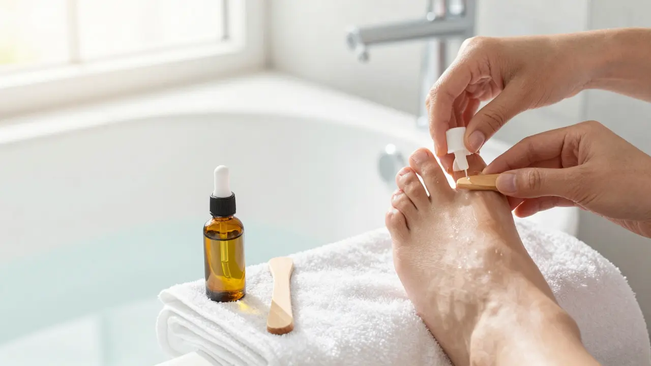 Domácí péče o nohy s olejem na nehty a ručníkem u vany