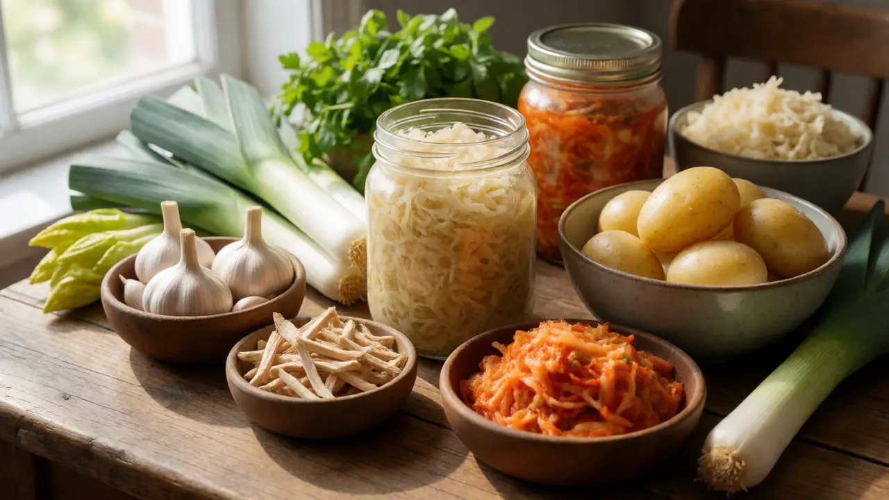 Fermentované potraviny a prebiotika na stole