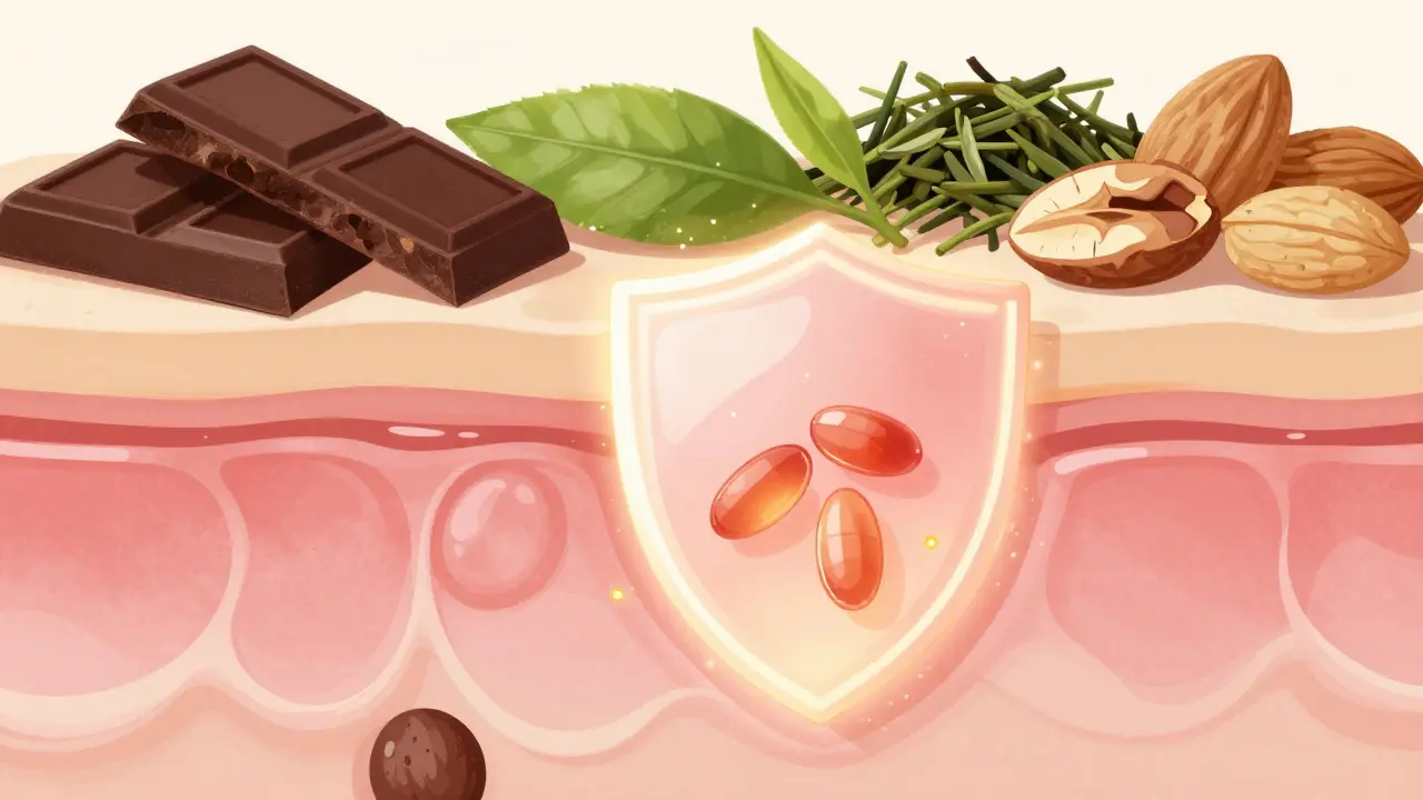 Ilustrace zdravé pokožky obklopené antioxidanty a jídlem