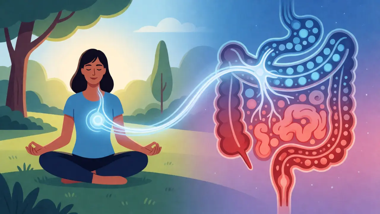Konceptuální ilustrace propojení mozku a střev při stresu a regeneraci mikrobiomu
