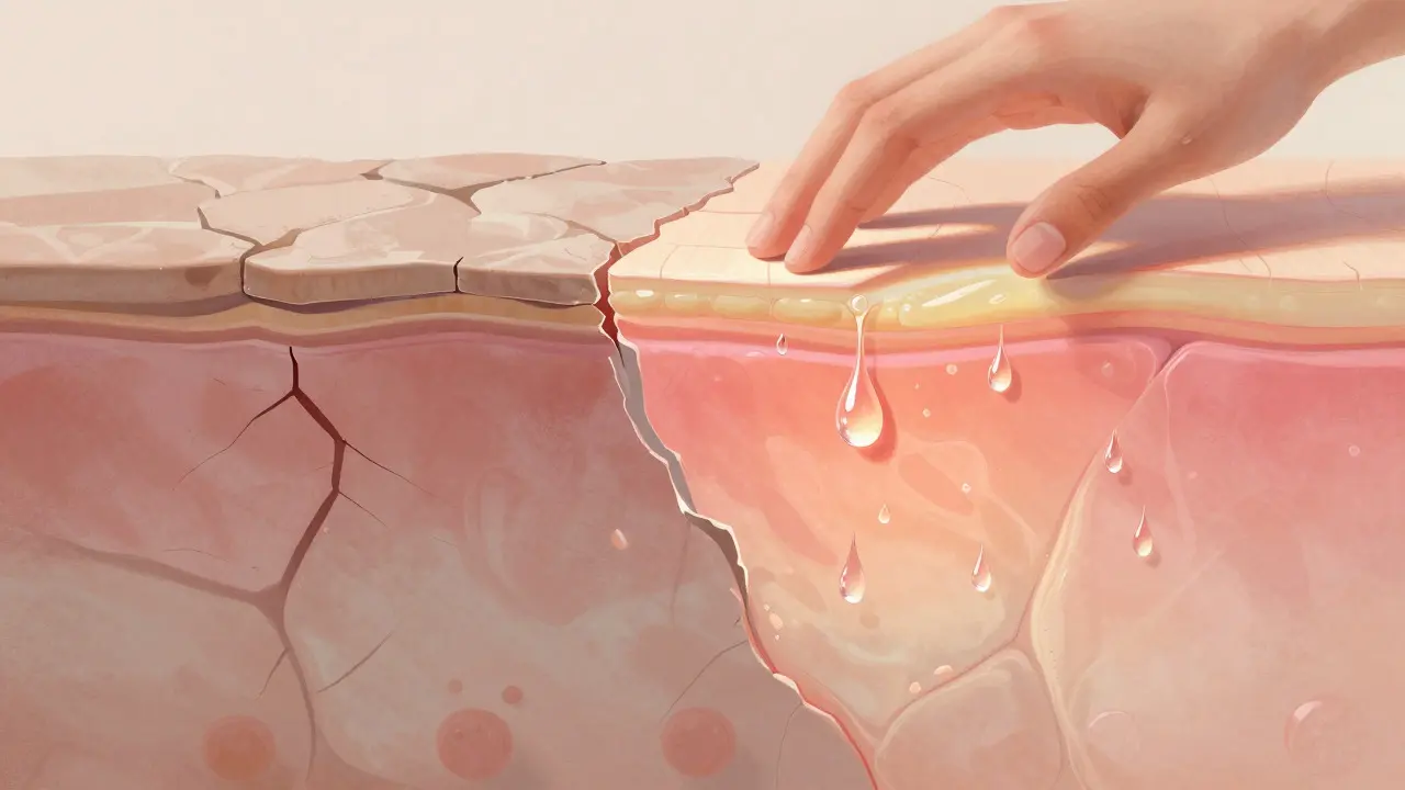 Konceptuální ilustrace regenerace a hydratace pokožky po peelingové proceduře