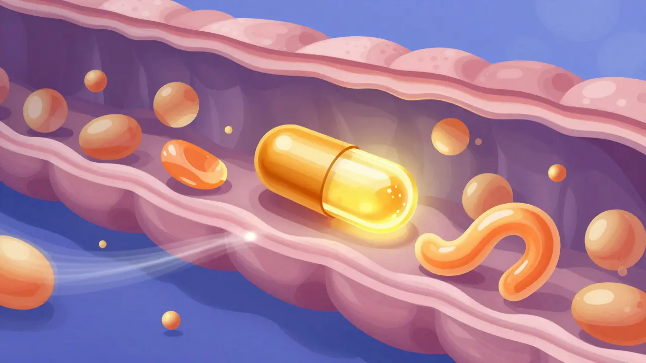 Konceptuální ilustrace vstřebávání tukových vitaminů ve střevech