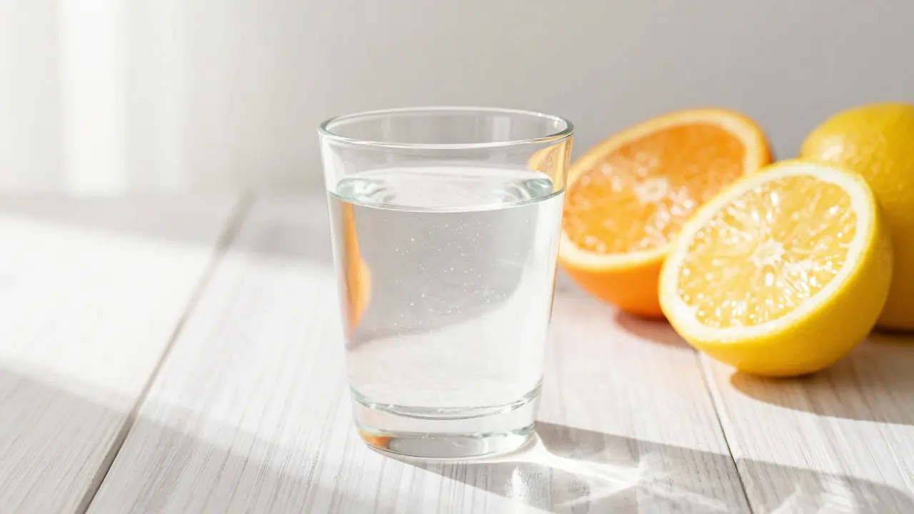 Sklenice vody s rozpouštějícími se kolagenovými peptidy vedle čerstvých citrusových plodů
