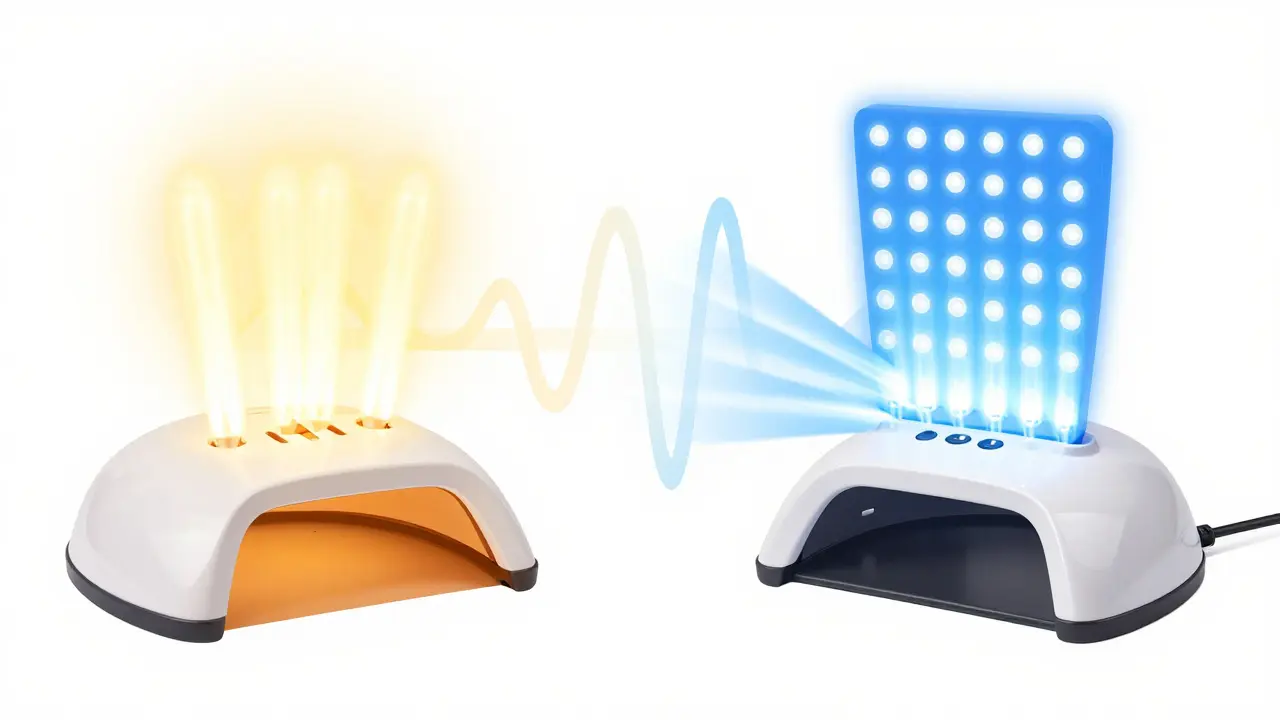 Srovnání UV a LED lamp pro nehty s vizualizací světla