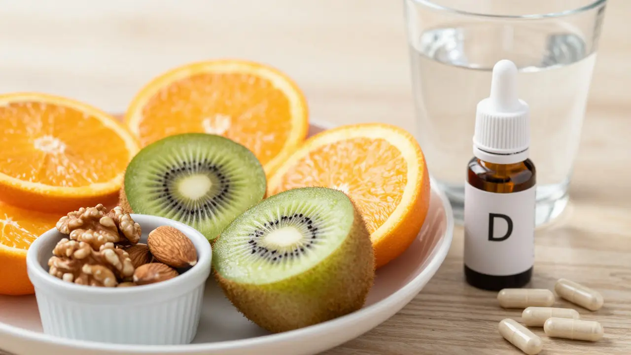 Zdravé zimní jídlo s citrusy, ořechy a vitamínovými doplňky na dřevěném stole