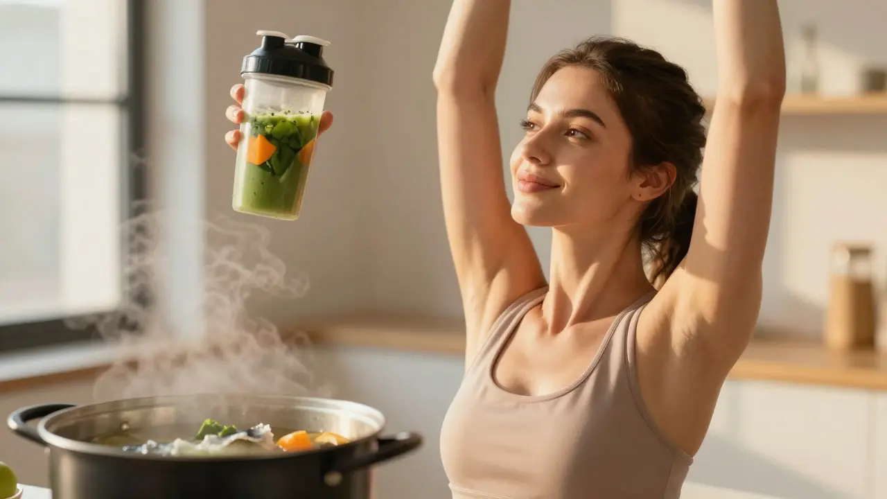 Žena po cvičení drží smoothie, symbolizuje zdravé klouby a pleť