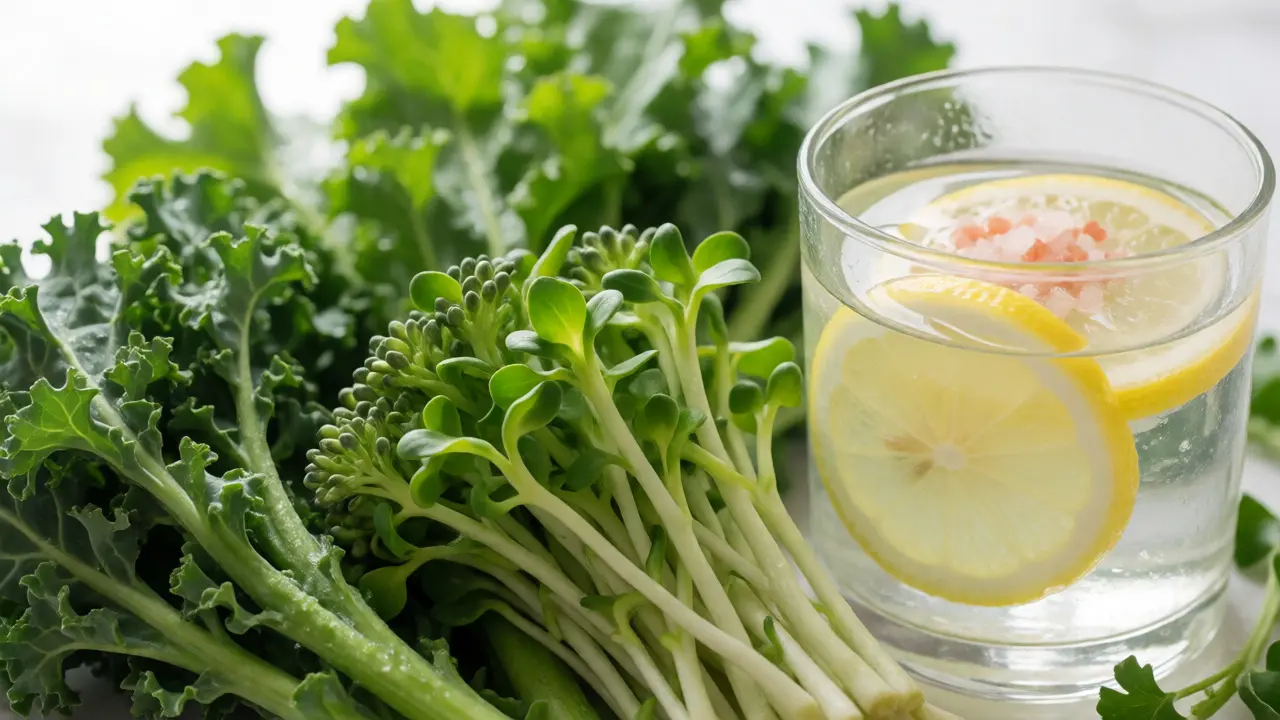 Čerstvá křížová zelenina a voda s citronem a solí pro hydrataci a detoxikaci.