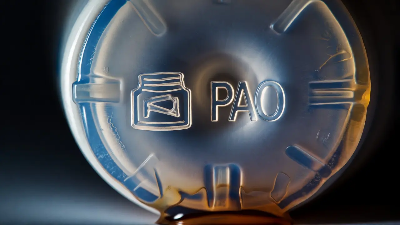 Detailní záběr na PAO symbol a prošlý obal kosmetiky.