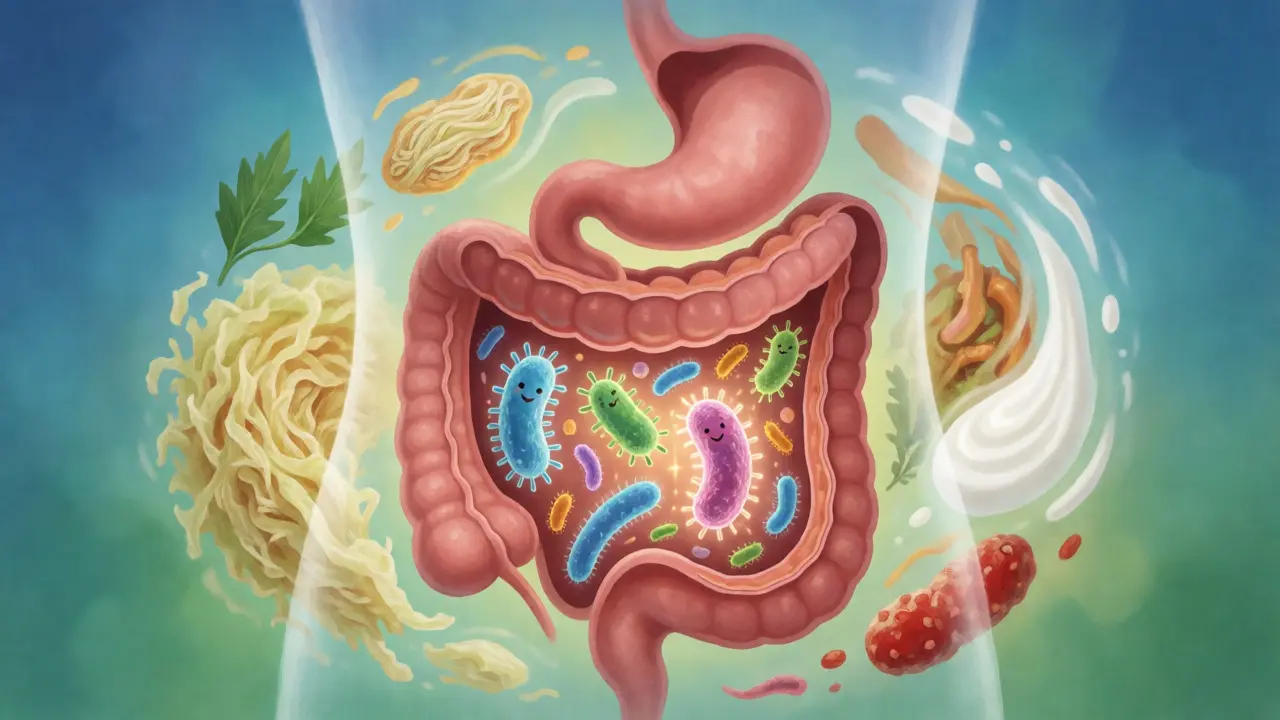 Ilustrace zdravého střevního mikrobiomu s probiotiky