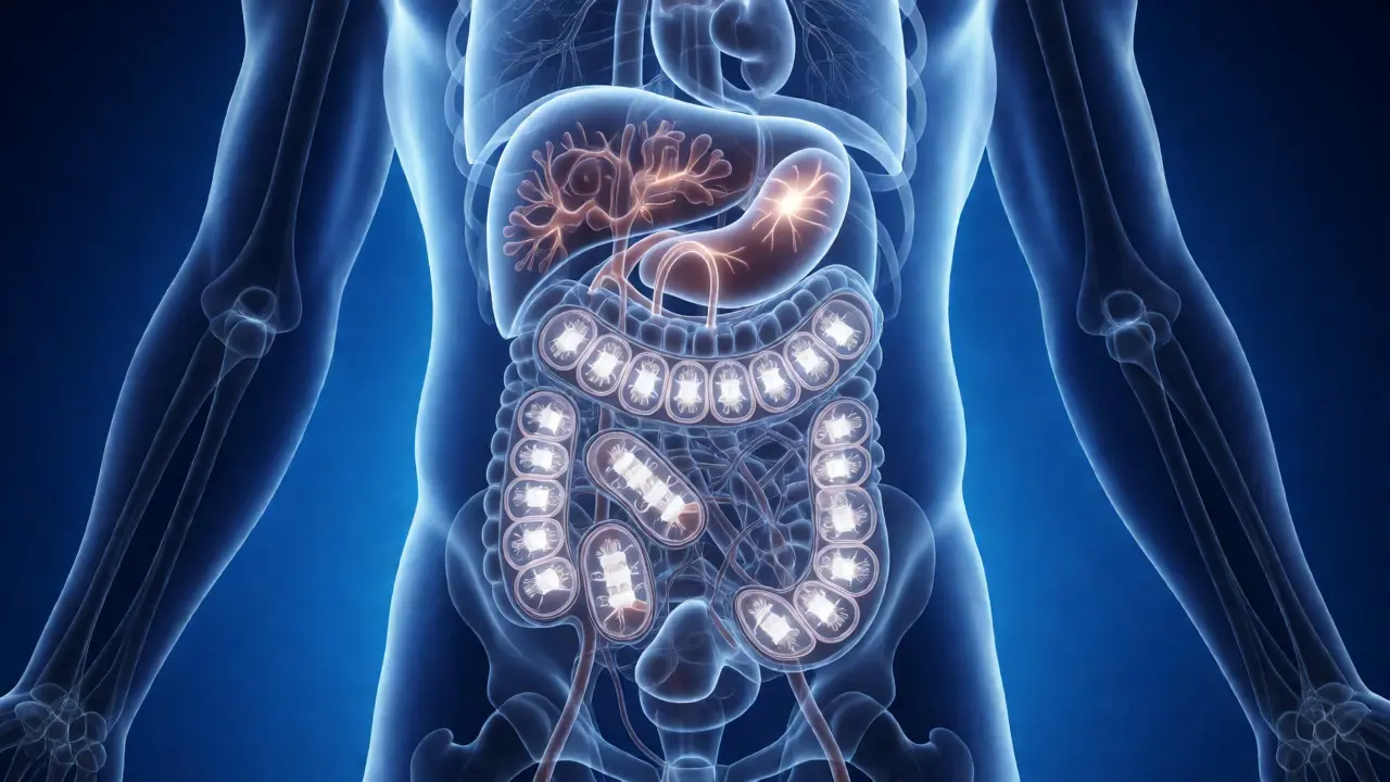 Konceptuální vizualizace čistých mitochondrií a odstraňování toxinů z těla během spánku.