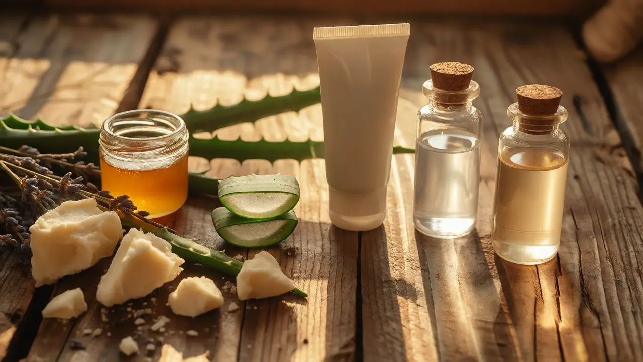 Přírodní ingredience jako máslo bambucké a levandule vedle syntetických vzorků.