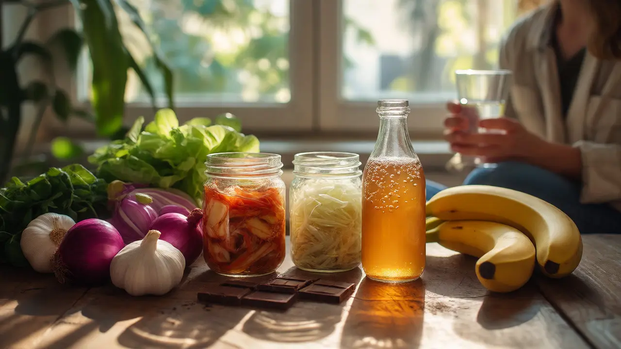 Rustikální stůl s fermentovanými potravinami, ovocem a zeleninou podporujícími trávení