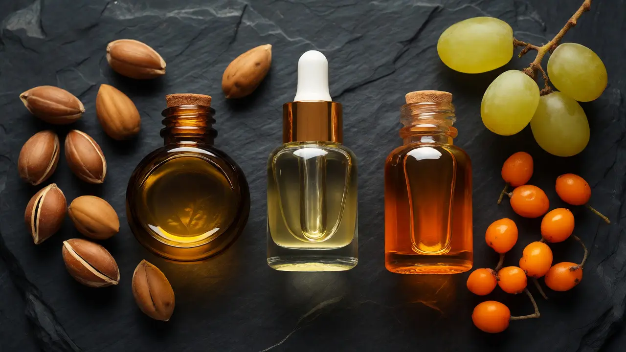 Tři lahvičky olejů (argan, hroznový, rakytník) s surovinami na kameni