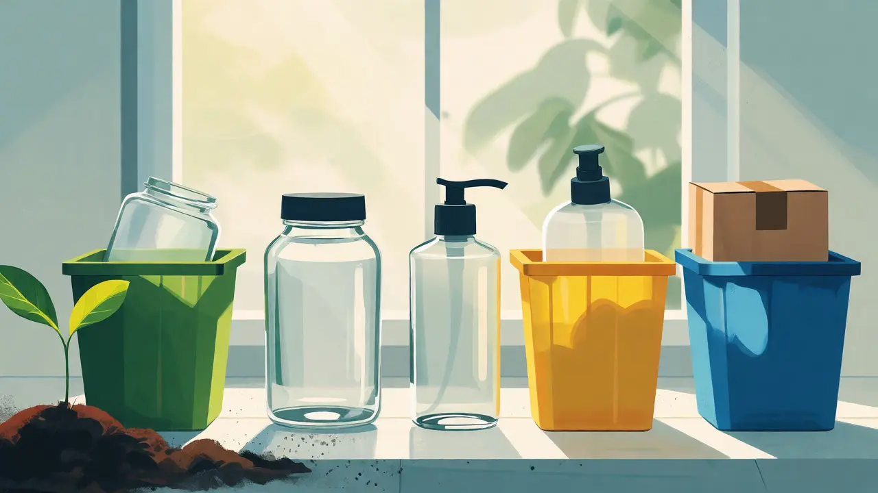 Třídění prázdných obalů od dermokosmetiky do recyklačních košů.