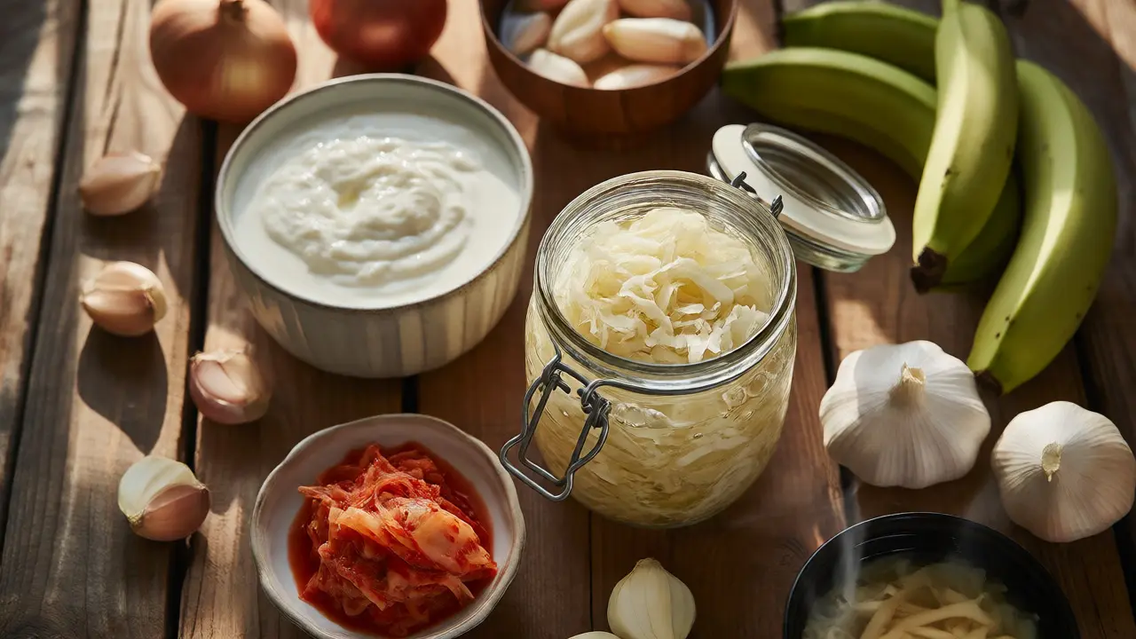 Fermentované potraviny jako kefír, zelí a kimchi na dřevěném stole