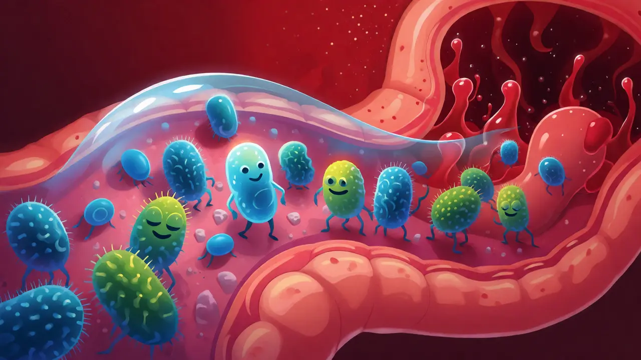 Ilustrace střevního mikrobiomu, kde bakterie jsou chráněny před kyselinou potravním obalem.