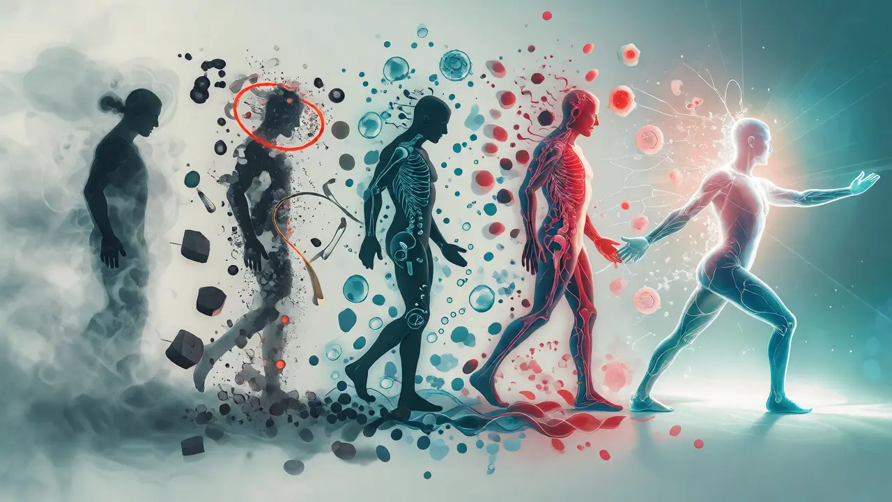Konceptuální ilustrace přechodu od únavy k energii během detoxikace
