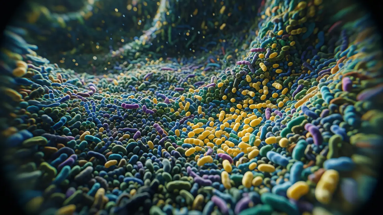 Konceptuální ilustrace střevního mikrobiomu jako živého ekosystému