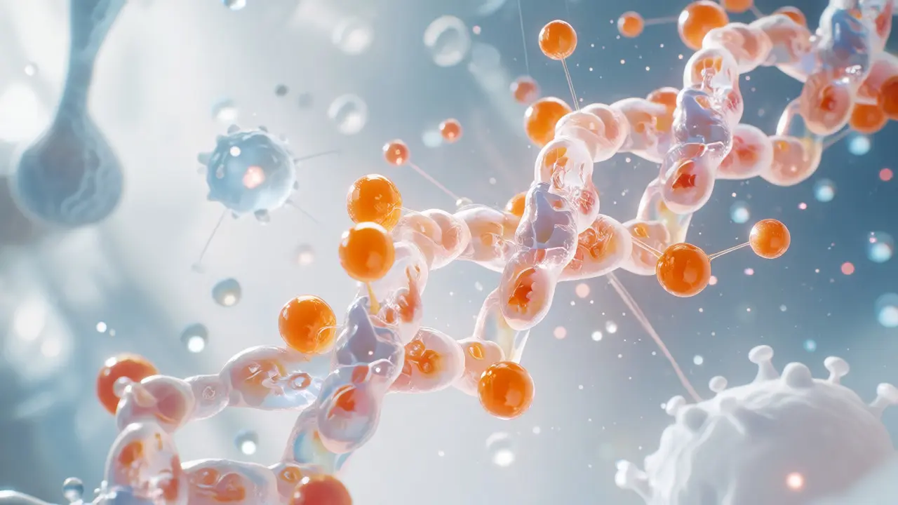 Konceptuální vizualizace vstřebávání kolagenových peptidů s podporou vitamínu C.