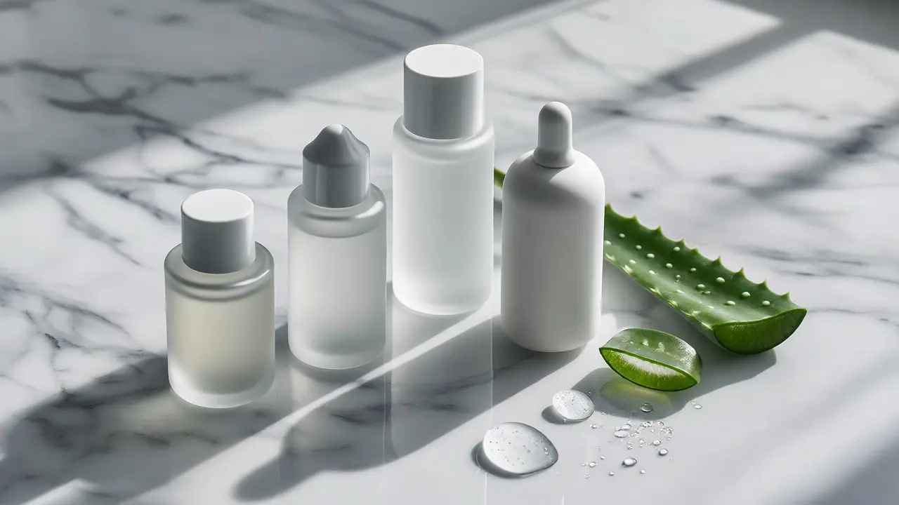 Minimalistické pleťové produkty a aloe vera na mramoru