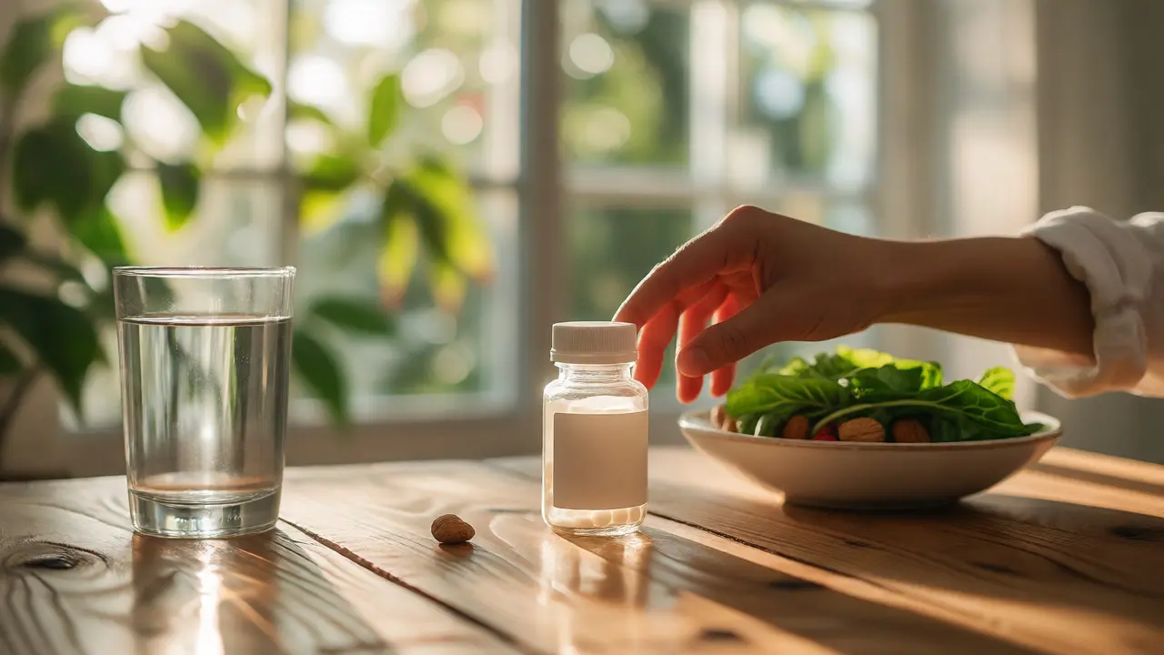 Ranní rutina s multivitamíny a zdravými potravinami u okna