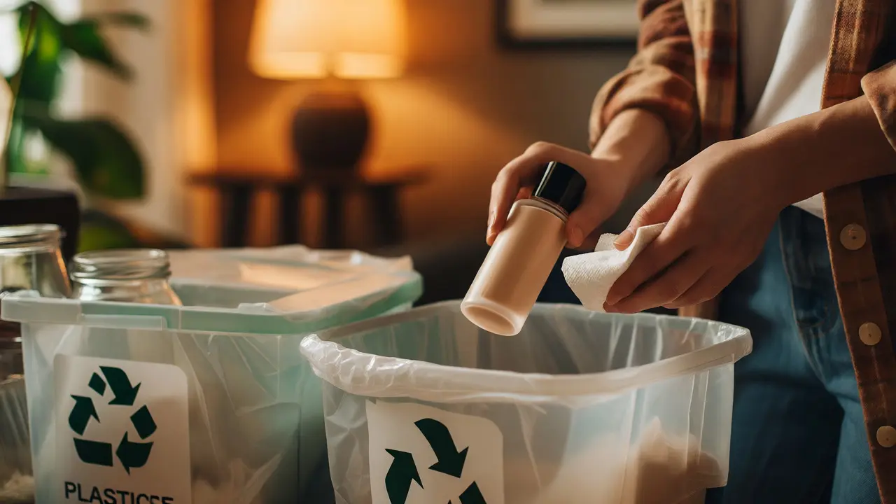 Ruce čistí zbytky z plastové lahvičky od make-upu před recyklací odpadu.