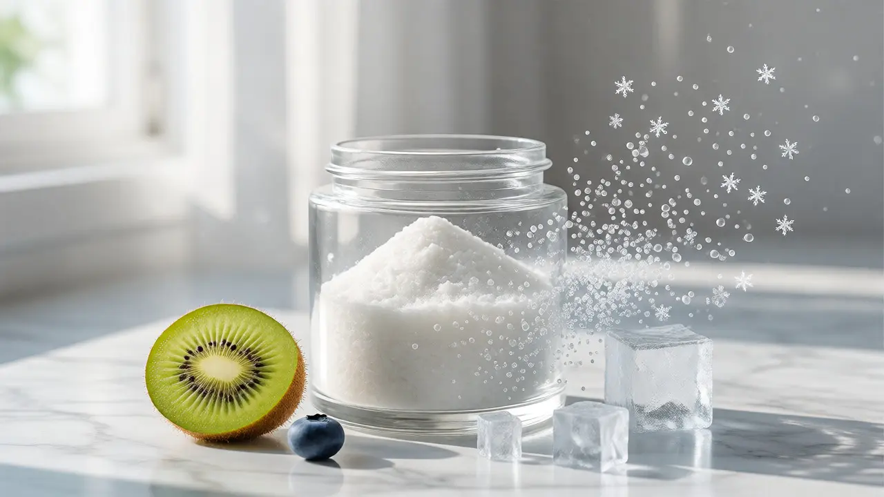 Skleněná nádoba s rybím kolagenem a ovocem bohatým na vitamín C