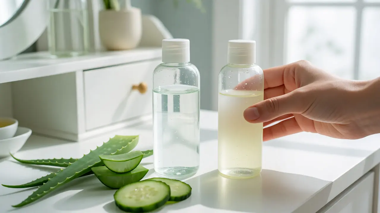 Stolní dekorace s lahvemi micelární vody a tonika a botanickými prvky