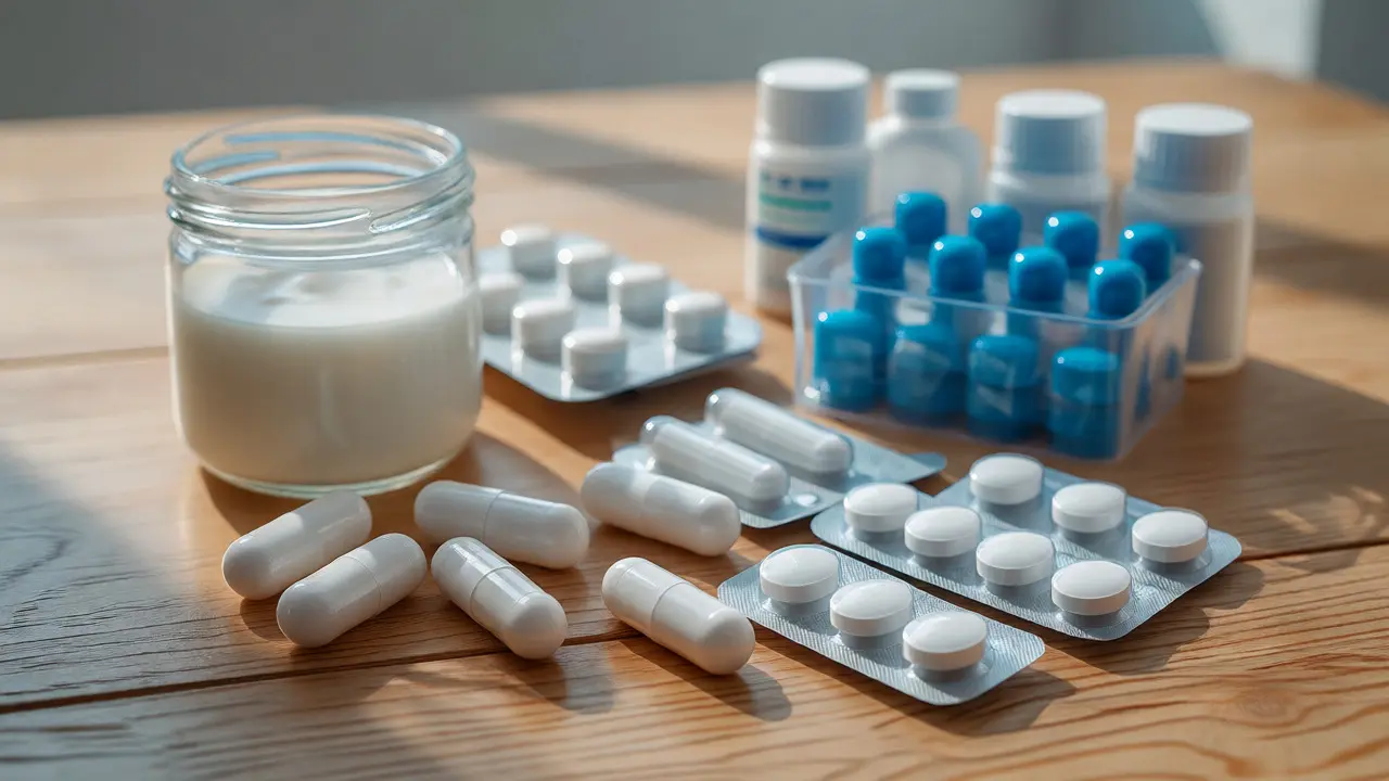 Stolní scéna s kapslemi probiotik, antibiotiky a fermentovanými potravinami na dřevěném stole