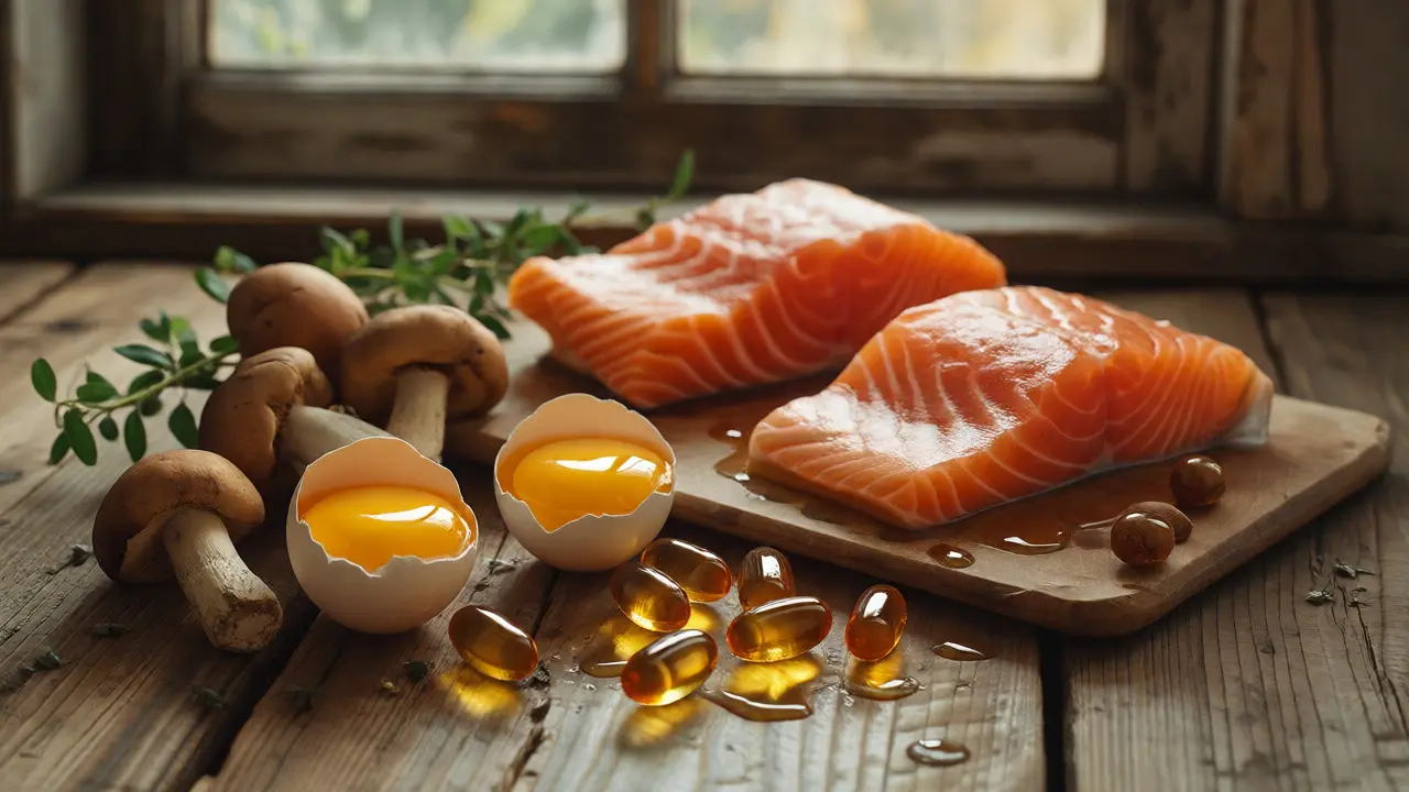 Zdravé potraviny jako losos, vejce a houby bohaté na vitamín D