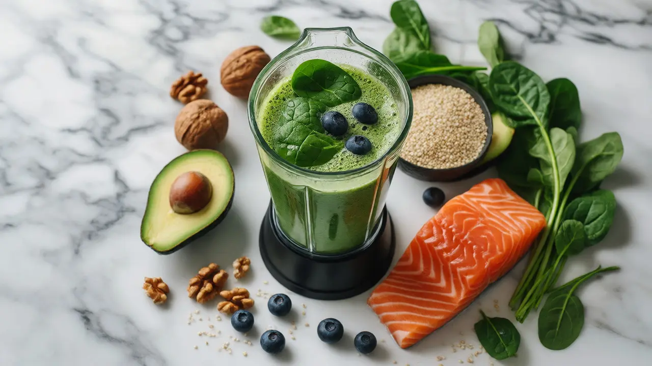 Zelený detoxikační smoothie se špenátem a borůvkami obklopený čerstvými surovinami pro regeneraci.