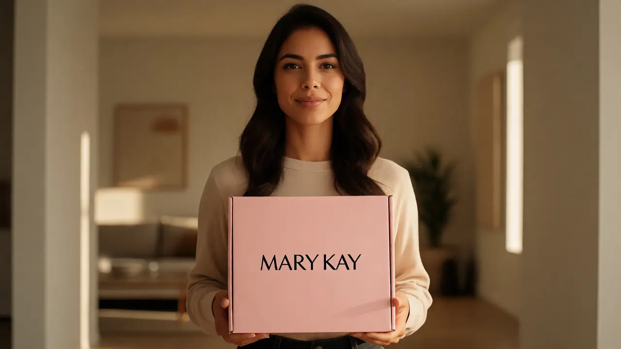 Žena drží růžovou krabici Mary Kay ve vstupní hale svého domu.